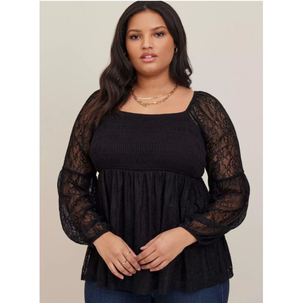 Torrid Babydoll Stretch Lace Smocked Square Neck Romantic Cottagecore Goth Top 5